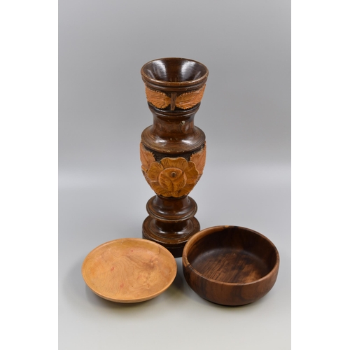 300 - Three Pieces of Treen including Hand Carved Vase (14