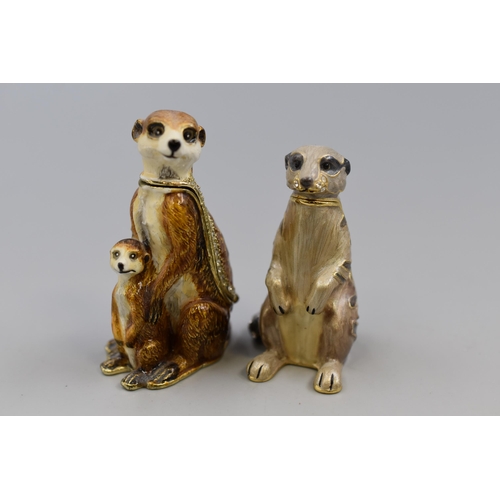 176 - Pair of Stylish Metal 'Meercat' Hinged Trinket Boxes, One With Matching Necklace