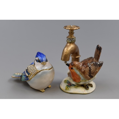 179 - Pair of Stylish Metal Hinged Bird Trinket Boxes, To Include Robin Drinking From A Tap and Jeweled Bl... 