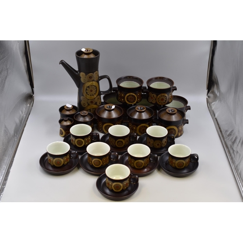 310 - Collection of Denby Arabesque, 28 Pieces. Includes Coffee Pot, 8 Soup Bowls (3 with lids), 8 Cups, 8... 