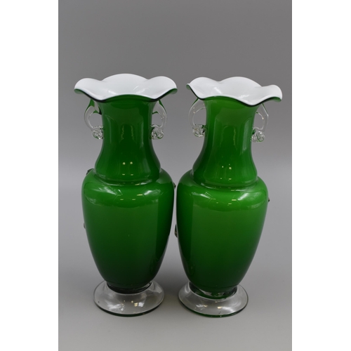 212 - Matching Pair of Green Glass Vases with Confetti Decoration (9