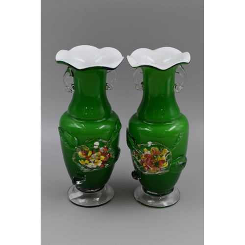 212 - Matching Pair of Green Glass Vases with Confetti Decoration (9