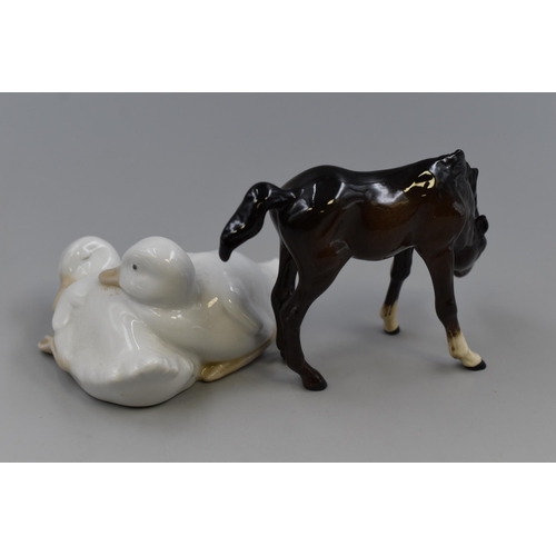 214 - A Pair of Nao Goslings, With Beswick Foal Figure, Boxed Caithness 40th Anniversary Paperweight