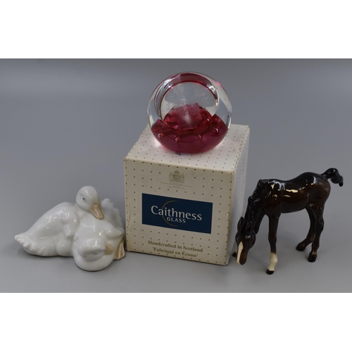 214 - A Pair of Nao Goslings, With Beswick Foal Figure, Boxed Caithness 40th Anniversary Paperweight