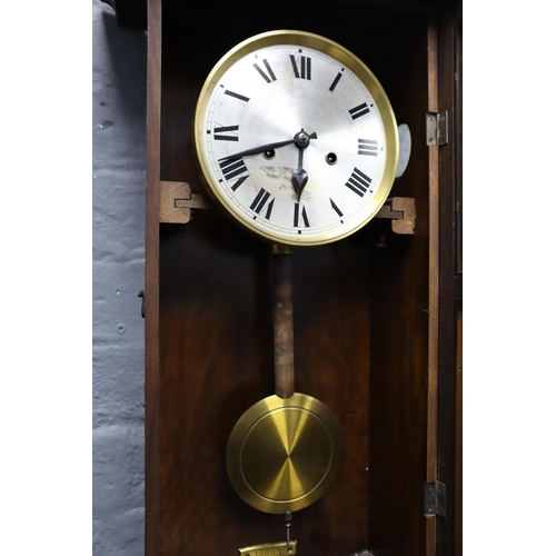 327 - Edwardian Oak Cased Wall Clock with Bevelled Edged Glass, Pendulum and Key (31