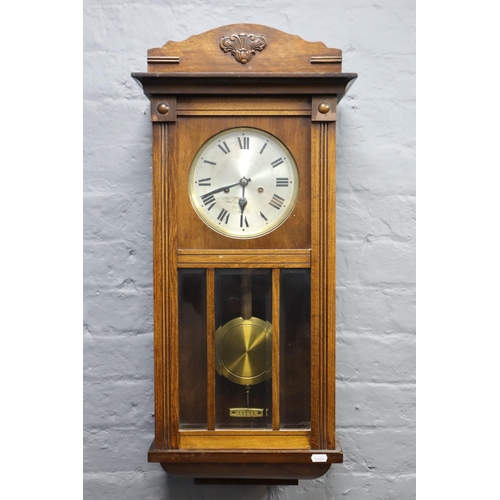 327 - Edwardian Oak Cased Wall Clock with Bevelled Edged Glass, Pendulum and Key (31