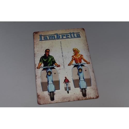 328 - Vintage Style Lambretta Tin Plate Sign with pre-drilled hanging holes approx 12