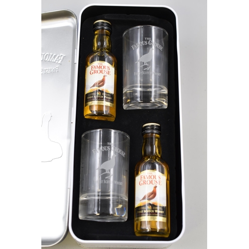 220 - Two Sealed 5cl Bottles of The Famous Grouse Stcotch Whisky in Presentation Tin with 2 Glasses