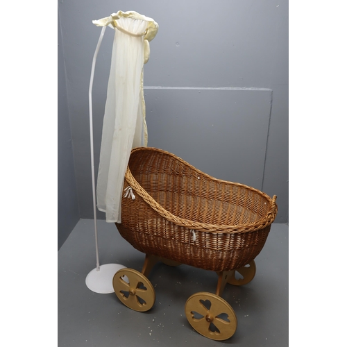 640 - Large Rattan Child's Cradle Standing on 4 Wooden Castors with Canopy (3ft)