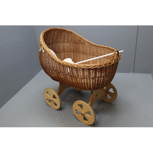 640 - Large Rattan Child's Cradle Standing on 4 Wooden Castors with Canopy (3ft)