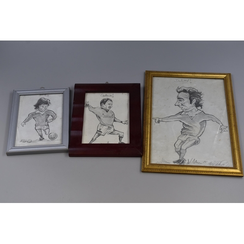 332 - Three Framed and Glazed Pencil Charicatires of Footballers includes George Best, Cantona and Dennis ... 