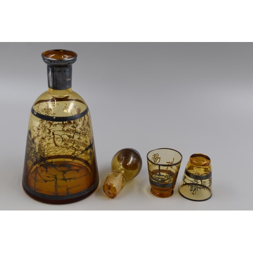 234 - An Amber Glass Venetian Style Decanter, With a Set of Six Matching Shot Glasses