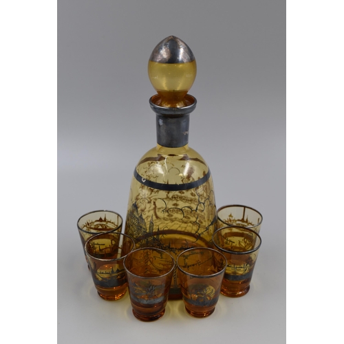 234 - An Amber Glass Venetian Style Decanter, With a Set of Six Matching Shot Glasses