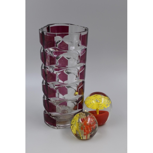 344 - Three Pieces of Glassware To Include Two Floral Paperweights, And French Glass Vase. Vase is Approx ... 