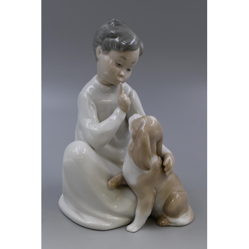 251 - A Lladro Boy With Dog Spanish Porcelain Figure, Approx 8