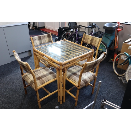 657 - Mid Century Bamboo Card Table with Smoked Glass Top and 4 Matching Chairs (30