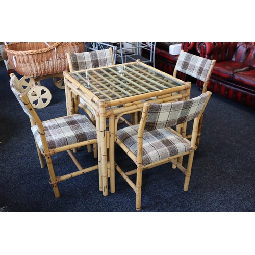 657 - Mid Century Bamboo Card Table with Smoked Glass Top and 4 Matching Chairs (30