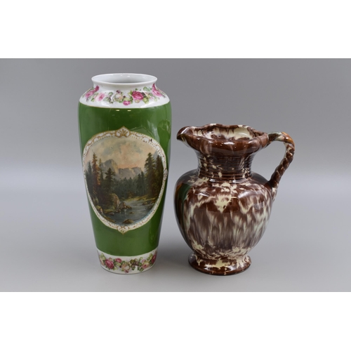 255 - West German Glazed Jug (547) and a Victoria Pictorial Vase (10