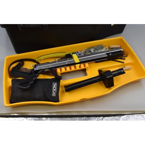 670 - Keter Tool Box and Tools Including Tacklife Stud Finder, Drill Bits, Hardpoint tenon Saw and More