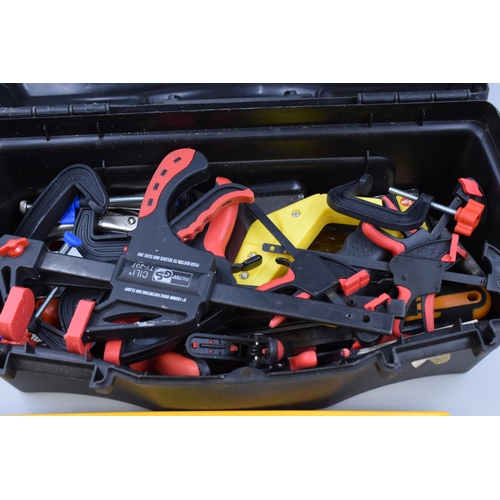 670 - Keter Tool Box and Tools Including Tacklife Stud Finder, Drill Bits, Hardpoint tenon Saw and More