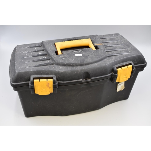 670 - Keter Tool Box and Tools Including Tacklife Stud Finder, Drill Bits, Hardpoint tenon Saw and More