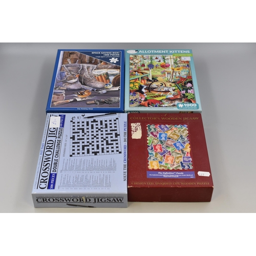 501 - Four Boxed Unchecked Jigsaw's to include Crossword, Stamps, Allotment Kittens and The Potting Shed