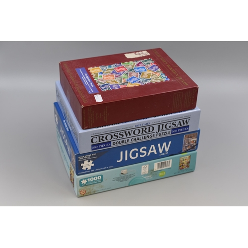 501 - Four Boxed Unchecked Jigsaw's to include Crossword, Stamps, Allotment Kittens and The Potting Shed