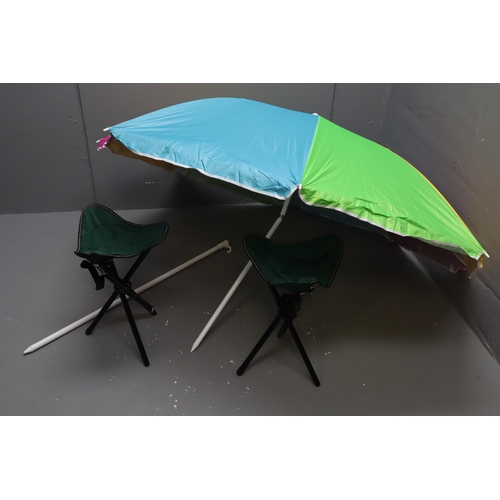 678 - Two Folding Fishing Camping Stools Plus Umbrella