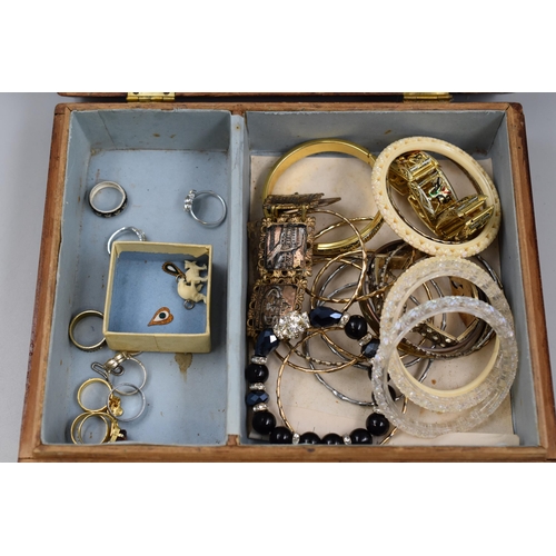 421 - Vintage Hand made Wooden Storage Box complete with Jewellery Contents of Bracelets, Rings and pendan... 