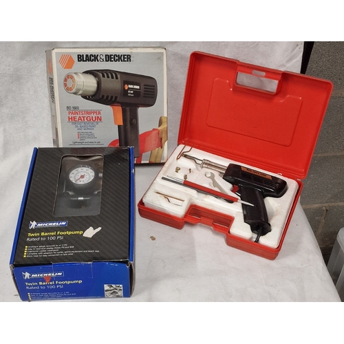 714 - Cased Weller Soldering Kit, Boxed Twin Barrell Footpump and a Boxed Black and Decker Heat Gun