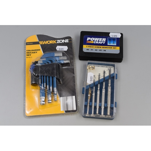 715 - Mixed Lot of Tool Sets to include Coloured Hex Key Set, 5 Piece screw remover |Set and a 5 Piece Scr... 