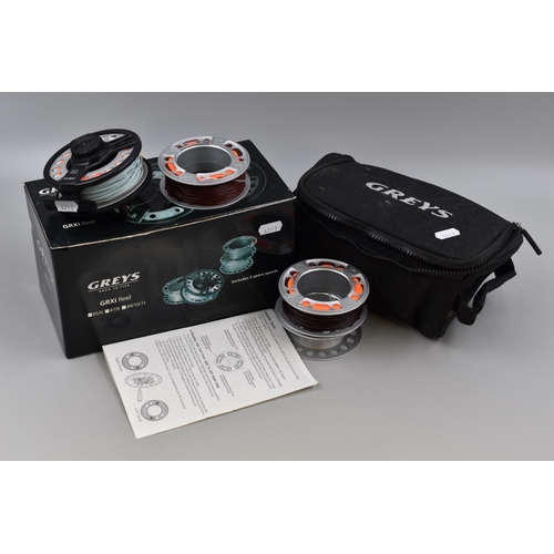 442 - Greys GRXi No 718 Fly Fishing Reel with 3 Replacement Spools, Case and Box