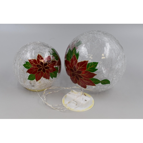 444 - Two Crackle Glass Christmas Decorations, Largest Approx. 6” Dia. Takes AAA Batteries (bottom o... 