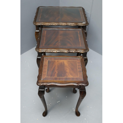 571 - Vintage Nest of Three Tables with Glass Top, Carved Detailing and Queen Anne Legs