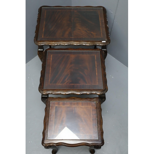 571 - Vintage Nest of Three Tables with Glass Top, Carved Detailing and Queen Anne Legs