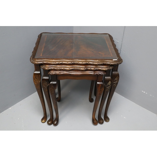 571 - Vintage Nest of Three Tables with Glass Top, Carved Detailing and Queen Anne Legs