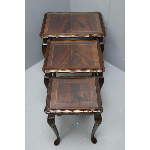 573 - Vintage Nest of Three Tables with Glass Top, Carved Detailing and Queen Anne Legs