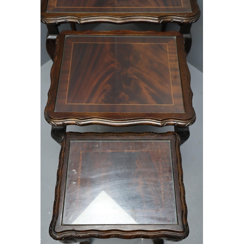 573 - Vintage Nest of Three Tables with Glass Top, Carved Detailing and Queen Anne Legs