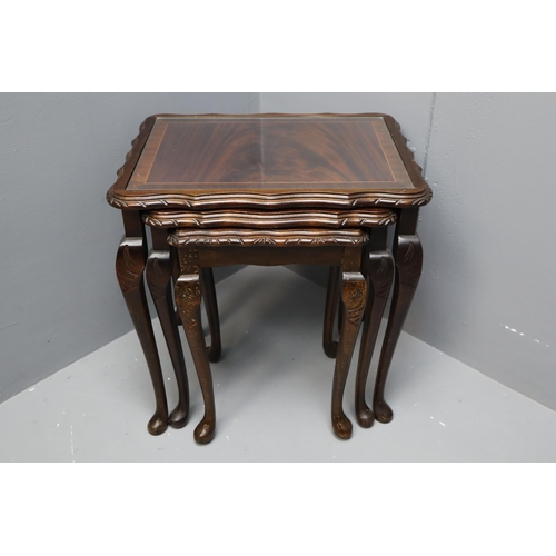 573 - Vintage Nest of Three Tables with Glass Top, Carved Detailing and Queen Anne Legs