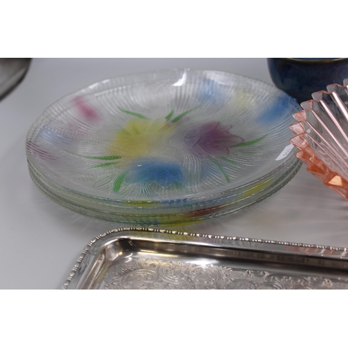 797 - Four Pressed Glass Floral Plates, Rose Glass Bowl, Silver Plated Tray and a Novelty Cup