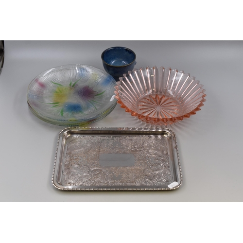 797 - Four Pressed Glass Floral Plates, Rose Glass Bowl, Silver Plated Tray and a Novelty Cup