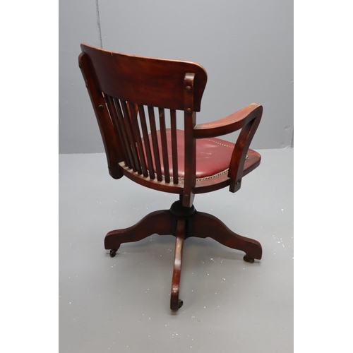 587 - Antique Wooden Captains Chair Red Leather Seat