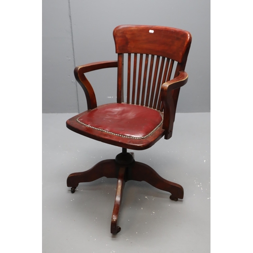 587 - Antique Wooden Captains Chair Red Leather Seat