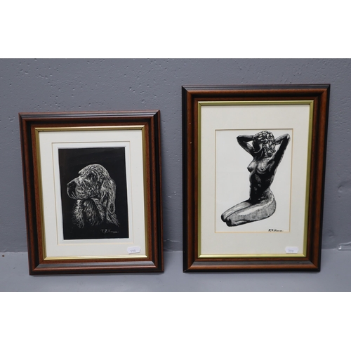 592 - Two Original Artworks by PF Hannon. Includes Nude Lady and Hunting Dog, Framed and Glazed. 10.5