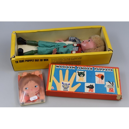 808 - A Boxed Pelham Hansel Puppet, With Metti Pocket Doll and Set of Wooden Finger Puppets