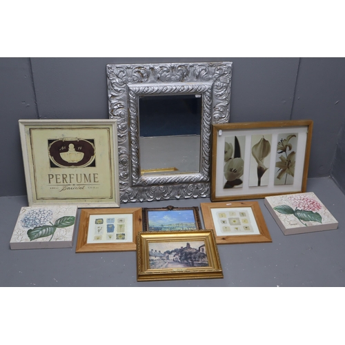 818 - A Selection of Artpieces To Include Vintage Style French Perfume Advertisement, Silver Gilt Framed M... 