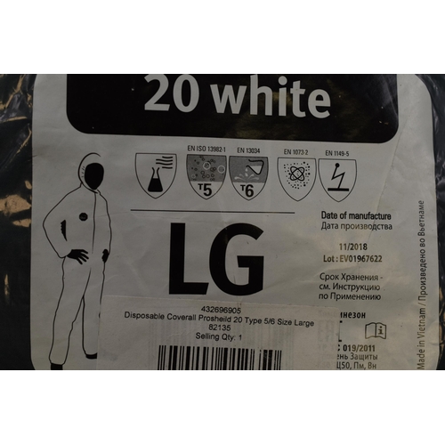 821 - Five Proshield Cat III White Boiler Suits, In Packaging. Three L and Two XL