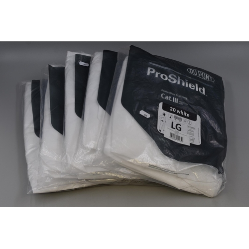 821 - Five Proshield Cat III White Boiler Suits, In Packaging. Three L and Two XL