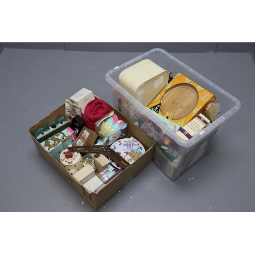 836 - Two Boxes to include Picnic Ware, Cheese Board, Large Bread Bin, Coronation Tankard, Tea Pot and mor... 