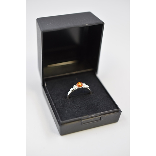 15 - Silver 925 Amber Stoned Ring (Size K). Complete in Presentation Box.
